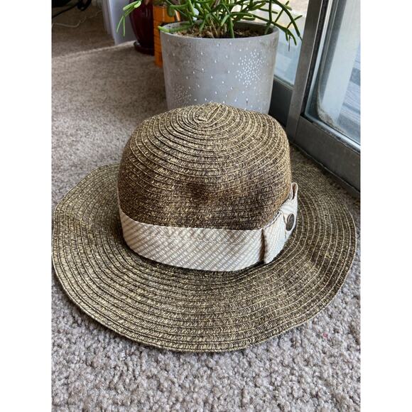 Goorin Bros Low Straw Porkpie Hat Floppy Round Top Woven Striped Button Detail S main image 6